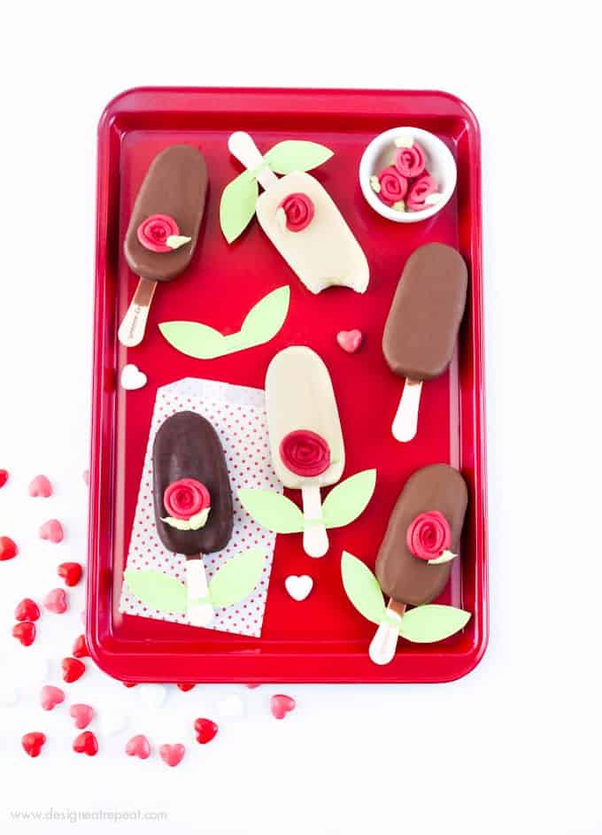 Ice Cream Bar + Almond Bark Rose = Easy Valentine's Day treat idea! Find the tutorial at Design Eat Repeat!