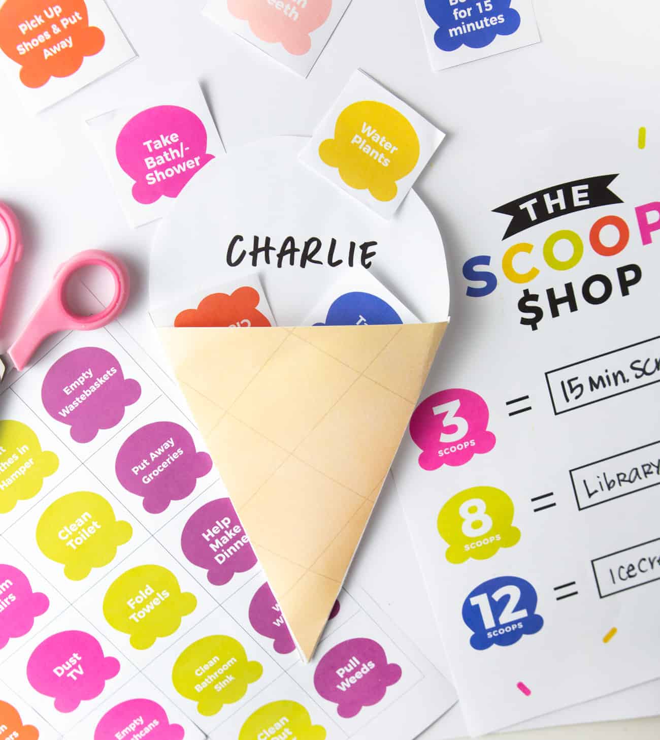 Ice Cream Printable Chore Chart with Kid's Name and Scoops inside