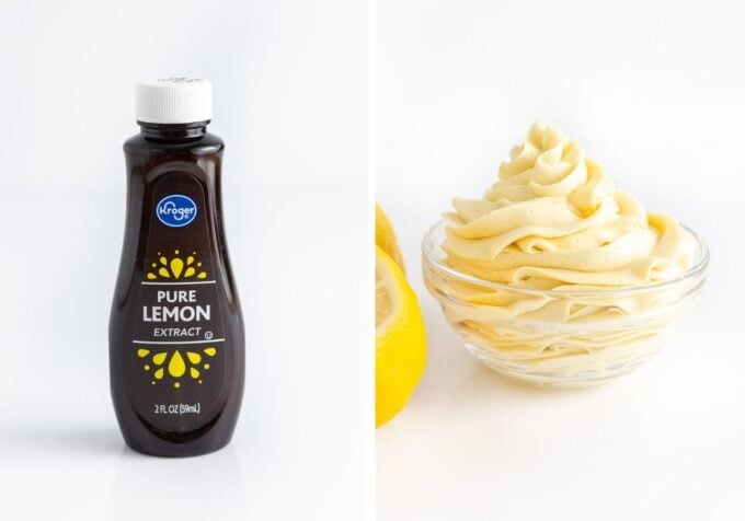 bottle of Kroger brand pure lemon extract and bowl of yellow lemon buttercream