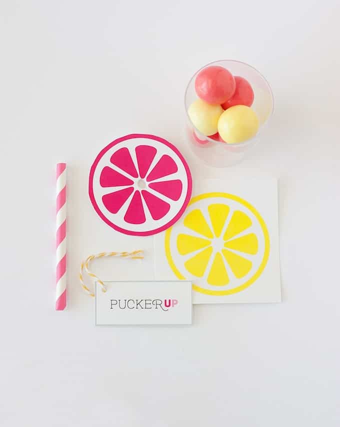 Lemonade Party Favors pink and yellow with gumballs and printable pucker up tag