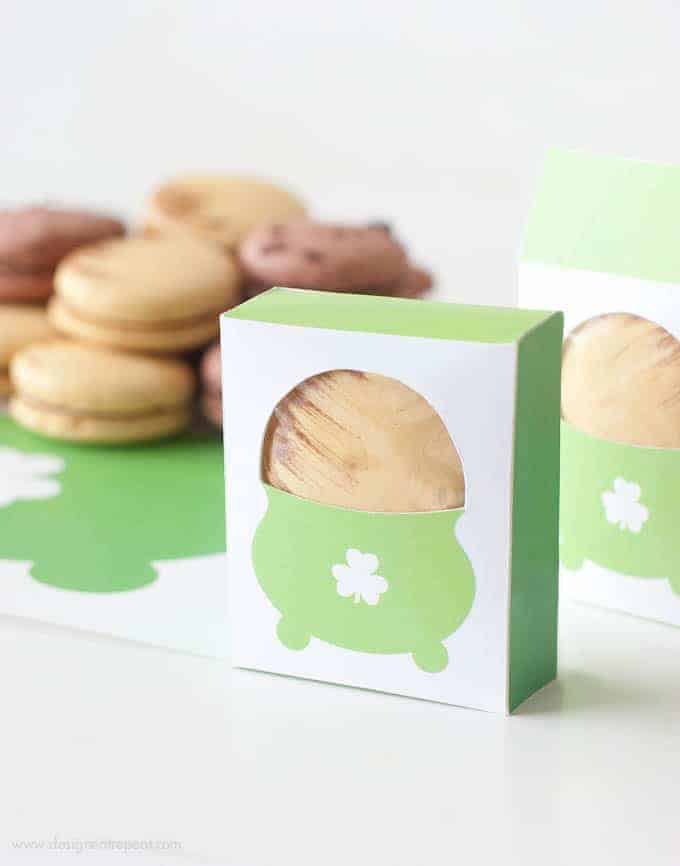 Love this! Print off these free boxes at Design Eat Repeat and pop in a caramel macaron for a fun St. Patrick's Day treat!