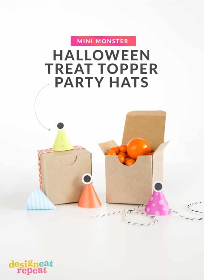 Freebie! Attach these printable monster party hats to treat boxes for fun Halloween party favors!