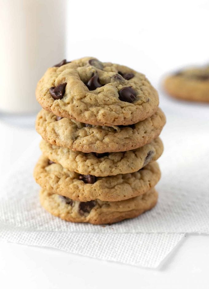 Stack of chewy oatmeal chocolate chip cookies