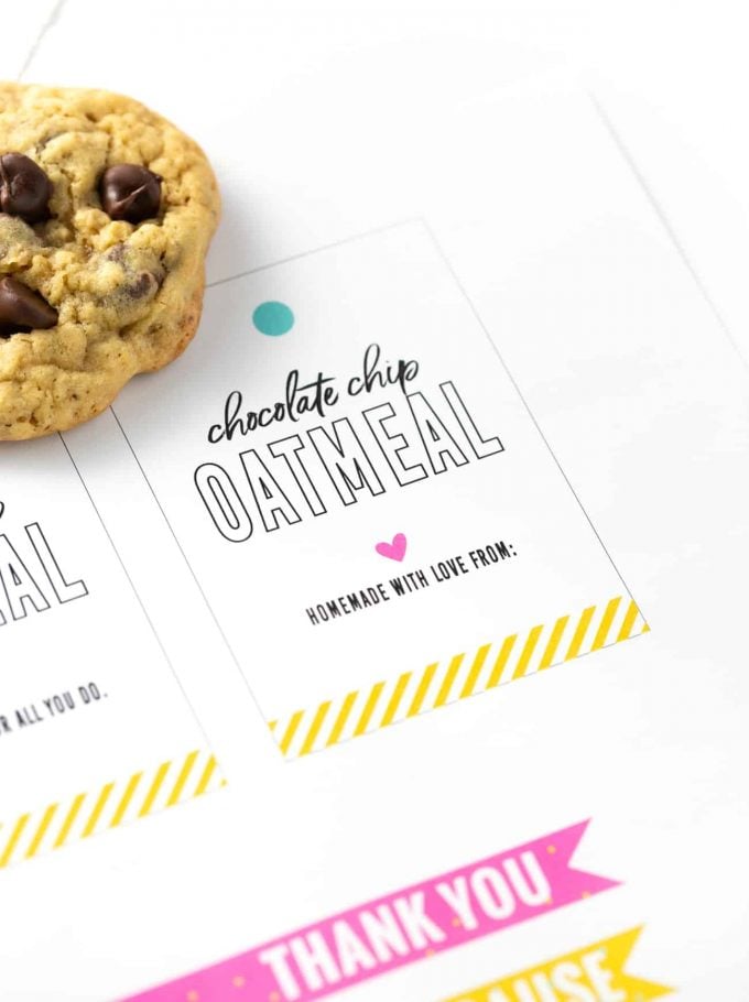 Chocolate chip oatmeal cookie printable cookie gift tag