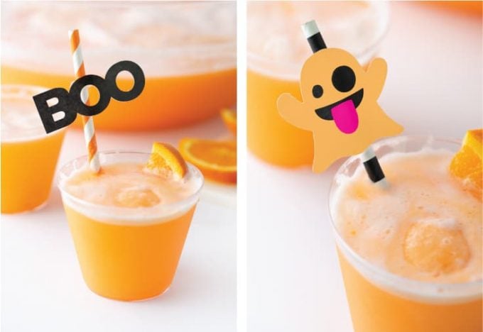 Orange sherbet punch with halloween boo and ghost straw toppers