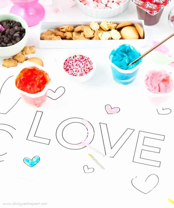 Paint with pudding using these free printable Valetine's Day coloring sheets from Design Eat Repeat!