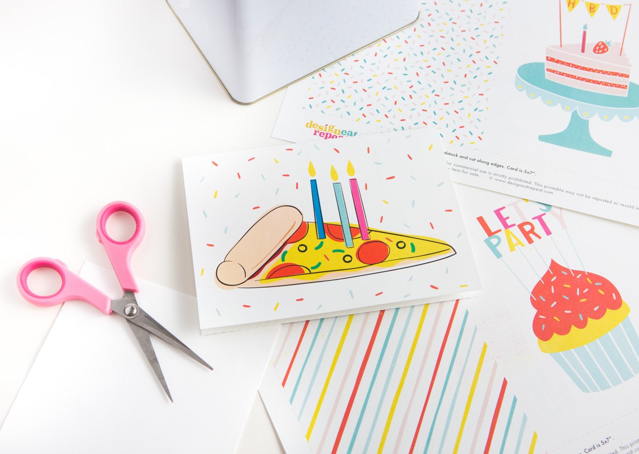Colorful Pizza Printable Birthday Card with Candles and Sprinkles