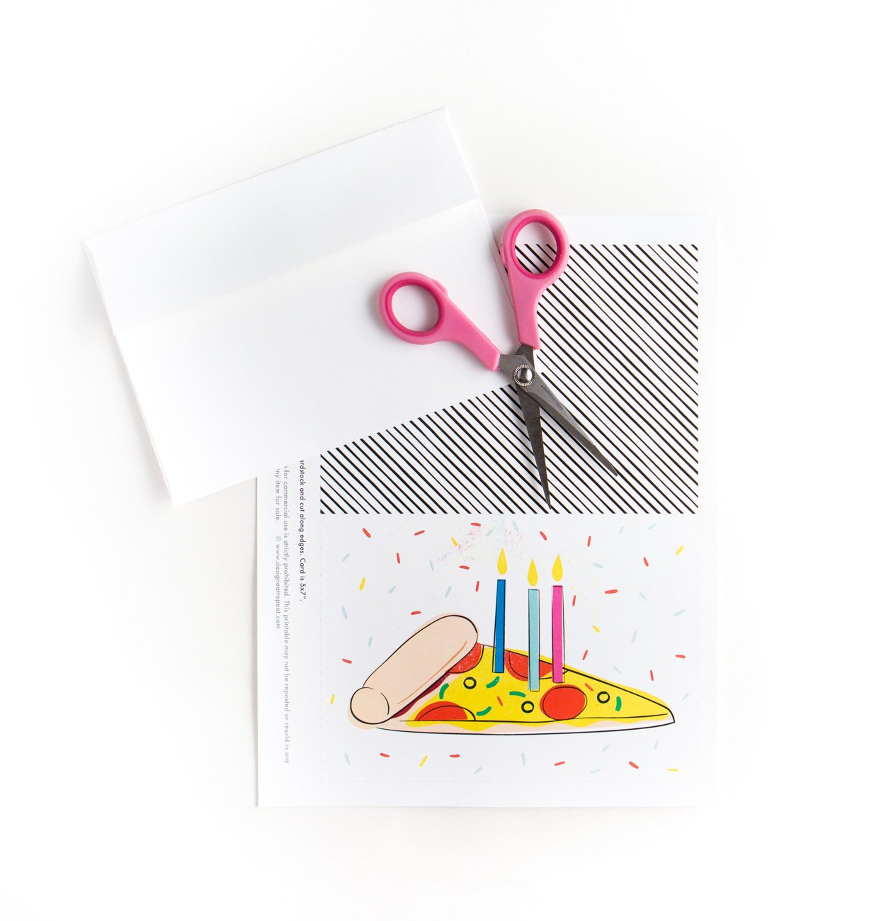 Printable birthday card with scissors. Colorful Pizza Printable Birthday Card with Candles and Sprinkles