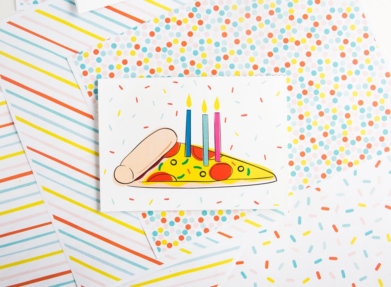 Colorful Pizza Printable Birthday Card with Candles and Sprinkles