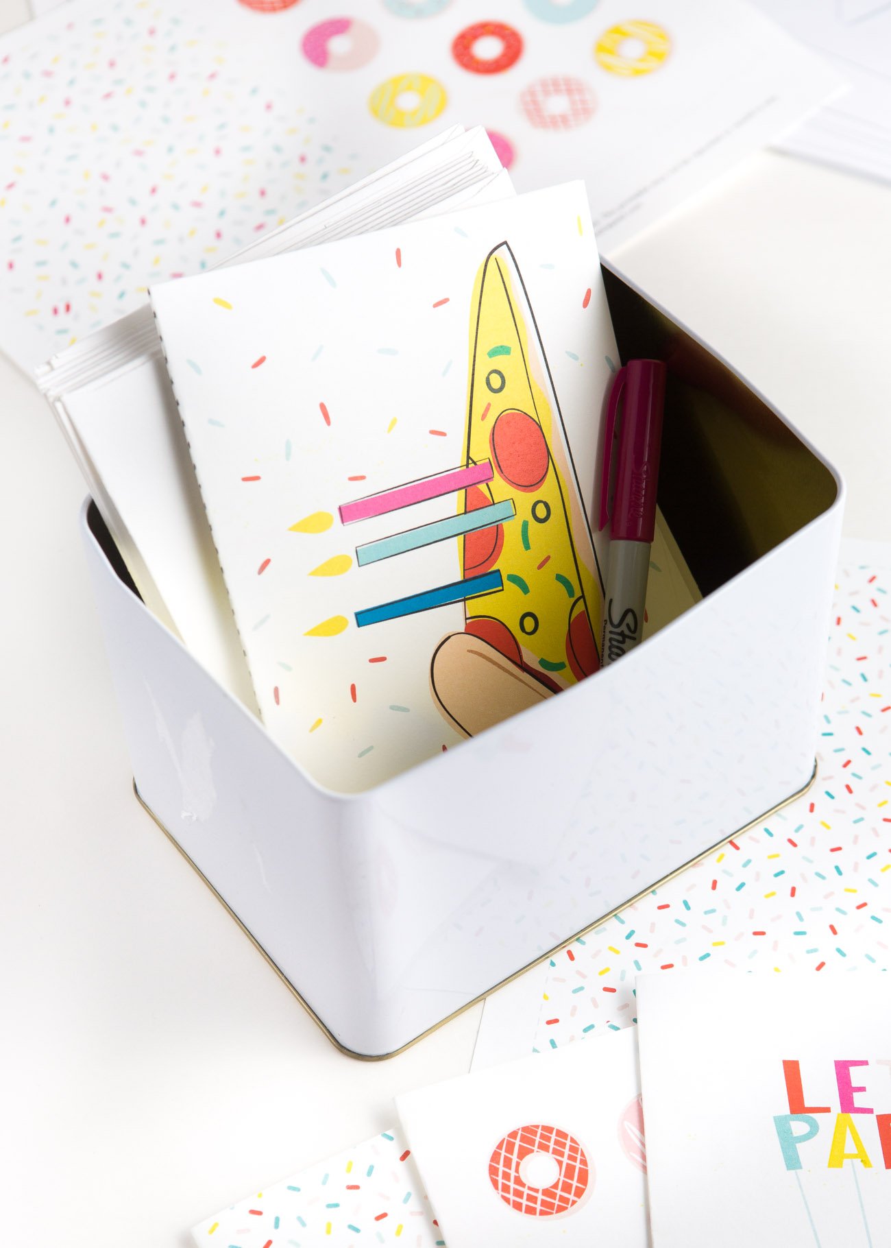 Box of greeting cards with Colorful Pizza Printable Birthday Card with Candles and Sprinkles