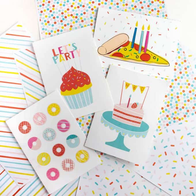 Assortment of colorful printable birthday cards; includes cupcake, pizza, cake, and donut designs