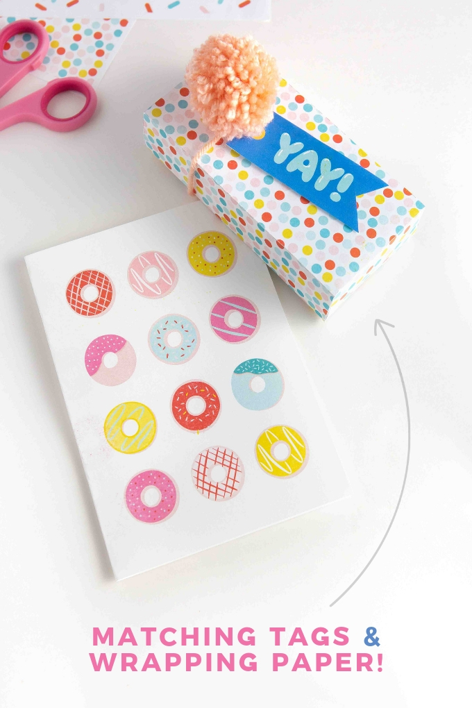 Free donut printable birthday card with printable gift wrap and a free YAY happy birthday gift tag