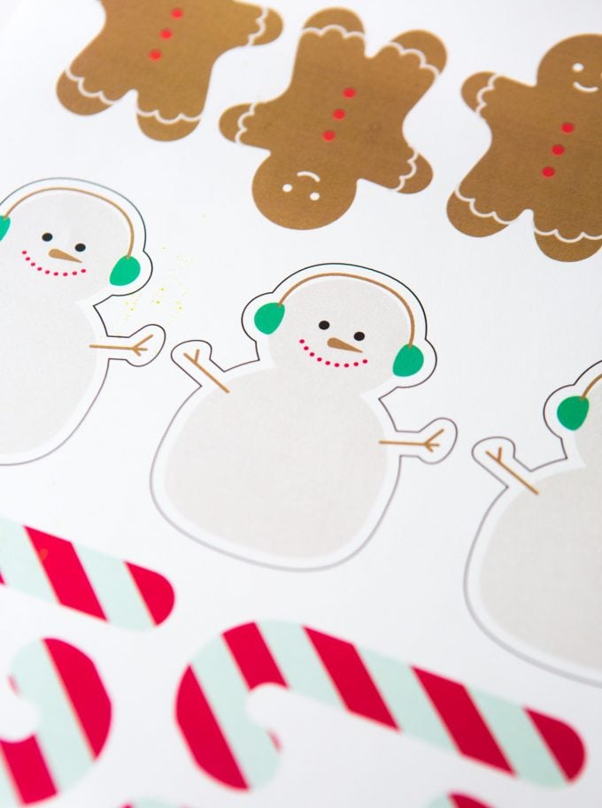 Snowman, gingerbread man, and candy cane printable Christmas gift tags