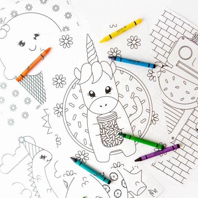 Coloring book pages of unicorn holding jar of sprinkles, ice cream cone, robot, and dinosaur