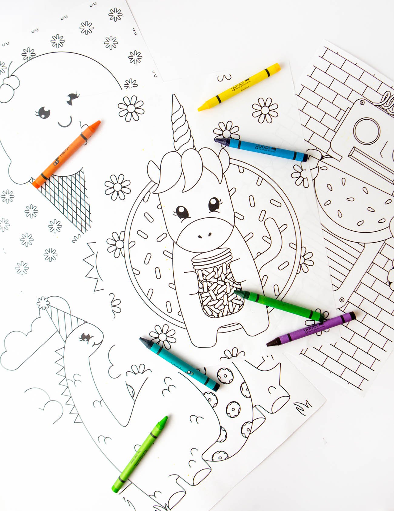 4 summer printable coloring pages for kids - unicorn, ice cream, robot, and dinosaur!