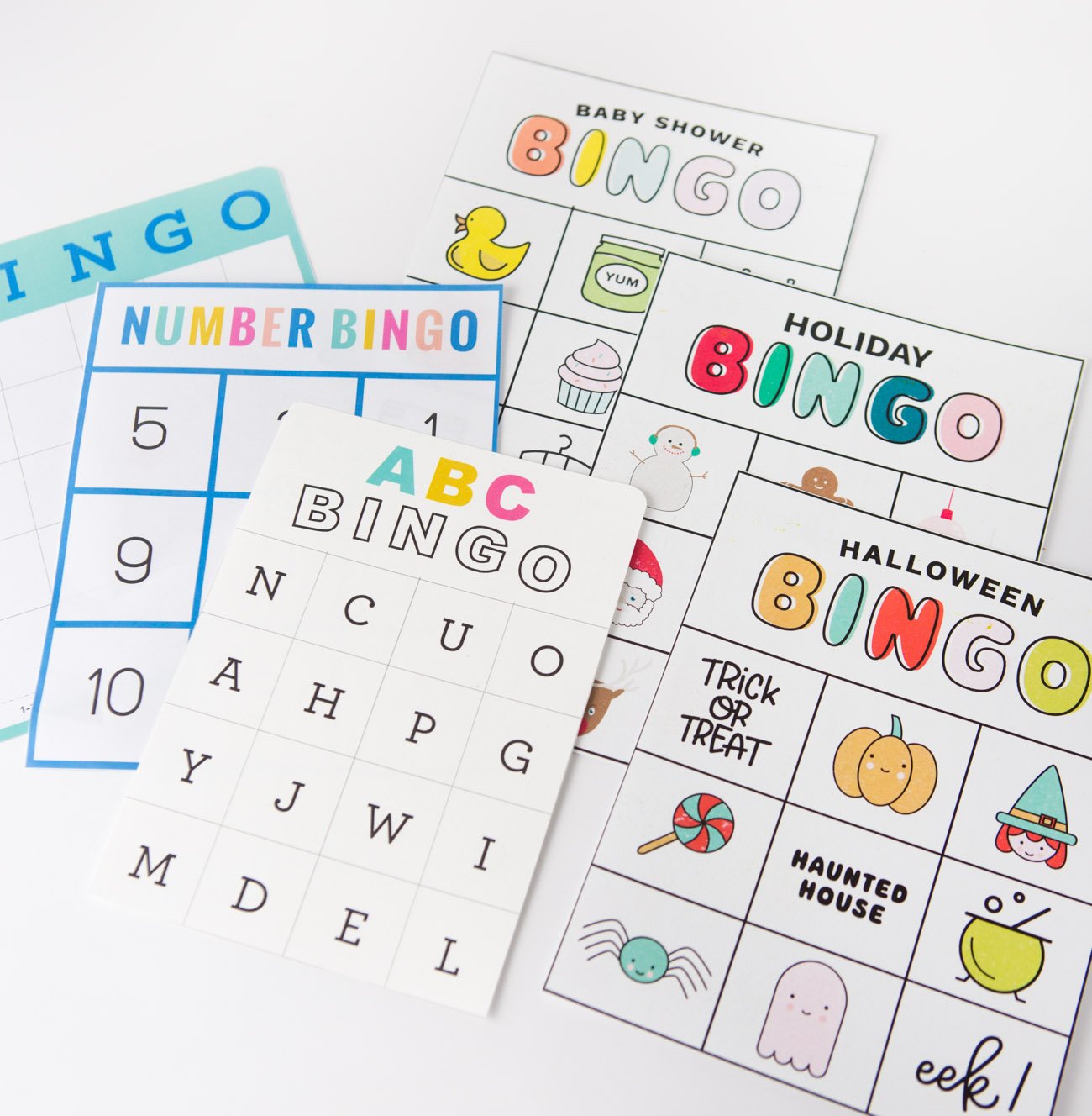 6 free printable bingo cards: blank bingo, number bingo, alphabet bingo, baby shower bingo, holiday bingo, and halloween bingo