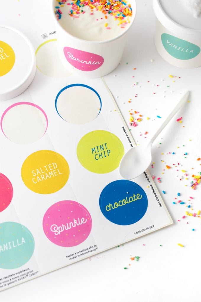 Colorful printable ice cream labels on Avery sticker paper