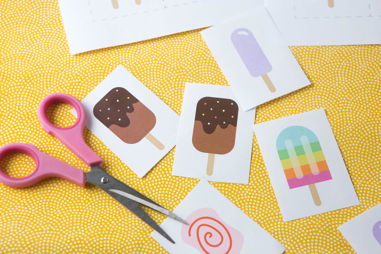 Pink scissors cutting popsicle printable memory cards