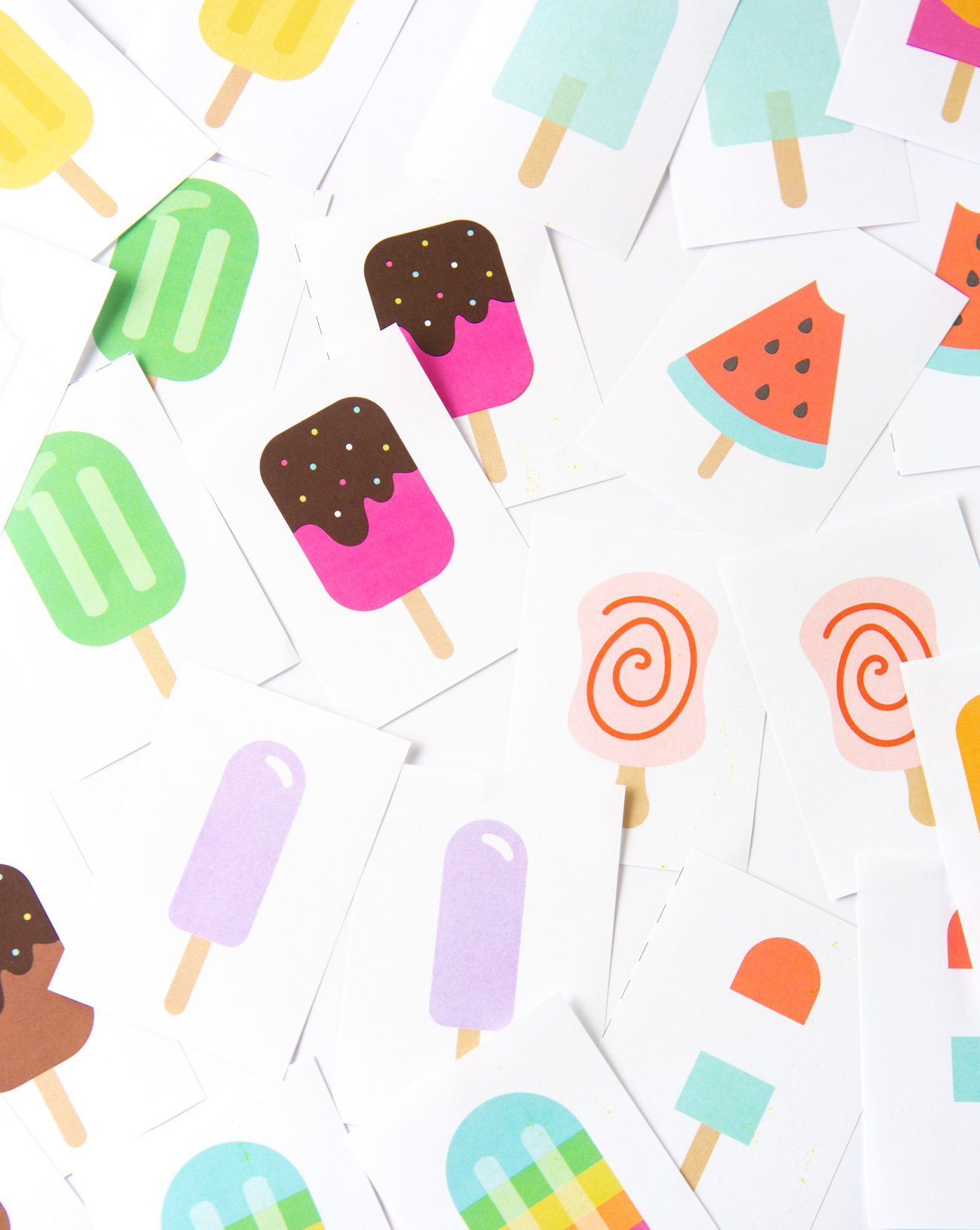 Messy arrangement of popsicle printable memory cards