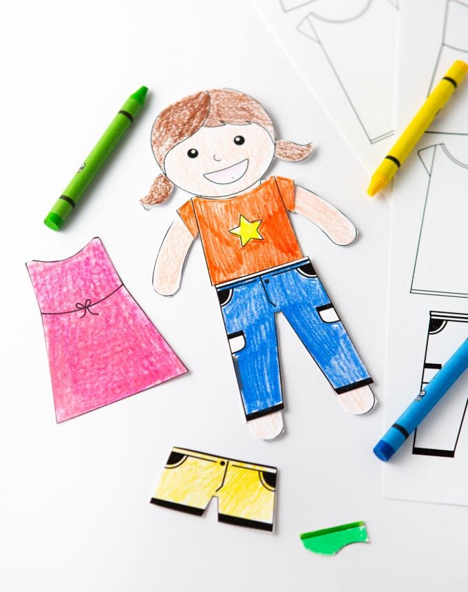 Printable paper doll colored with crayons