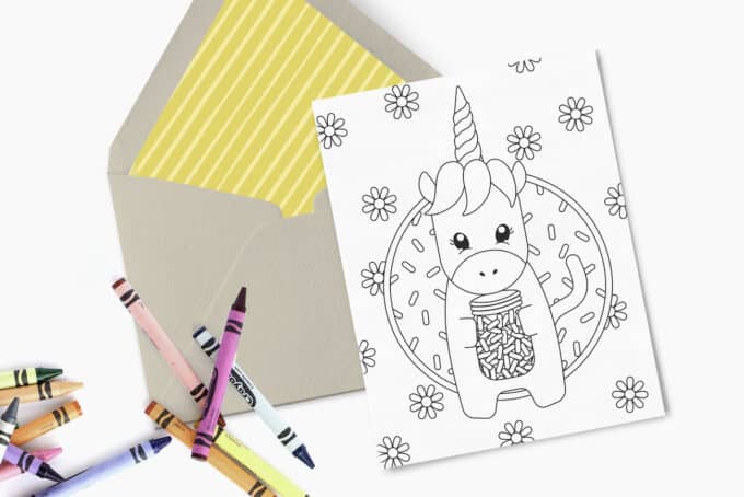Printed 5x7 birthday card with unicorn design. Includes kraft paper envelope and crayons
