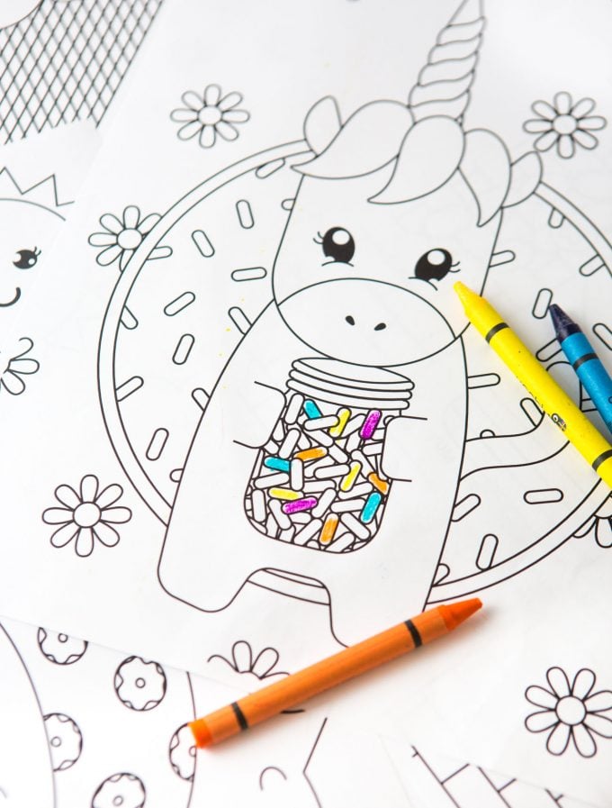 Coloring unicorn printable card with crayons