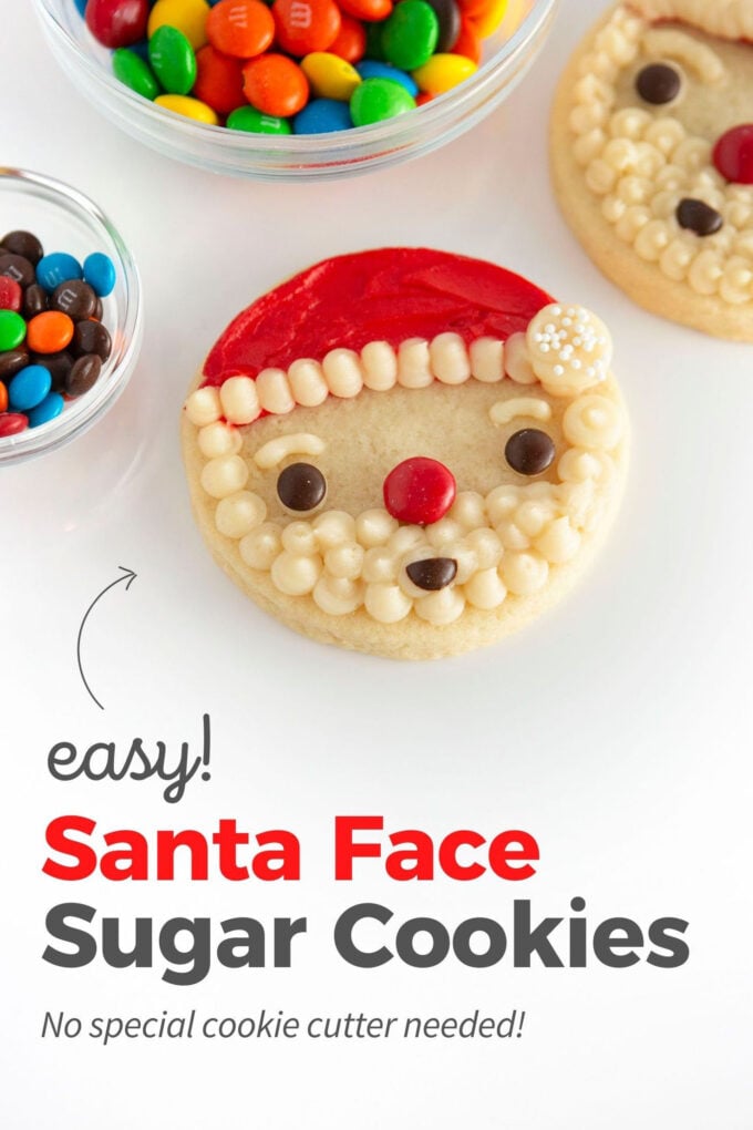easy santa face sugar cookies decorated with M&M candy