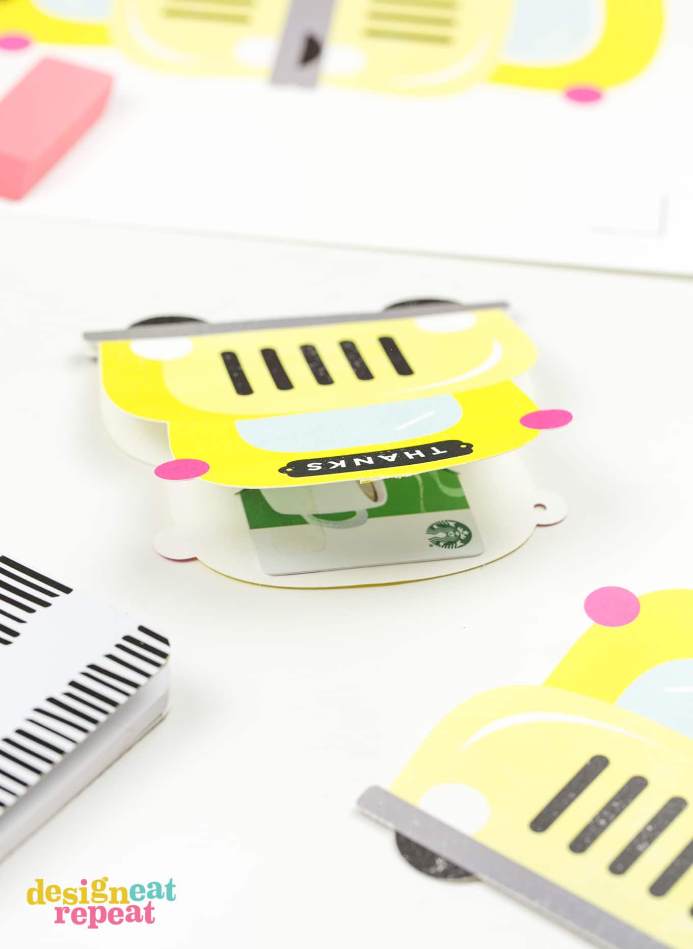 Yellow school bus printable teacher gift card holder with starbucks gift card.