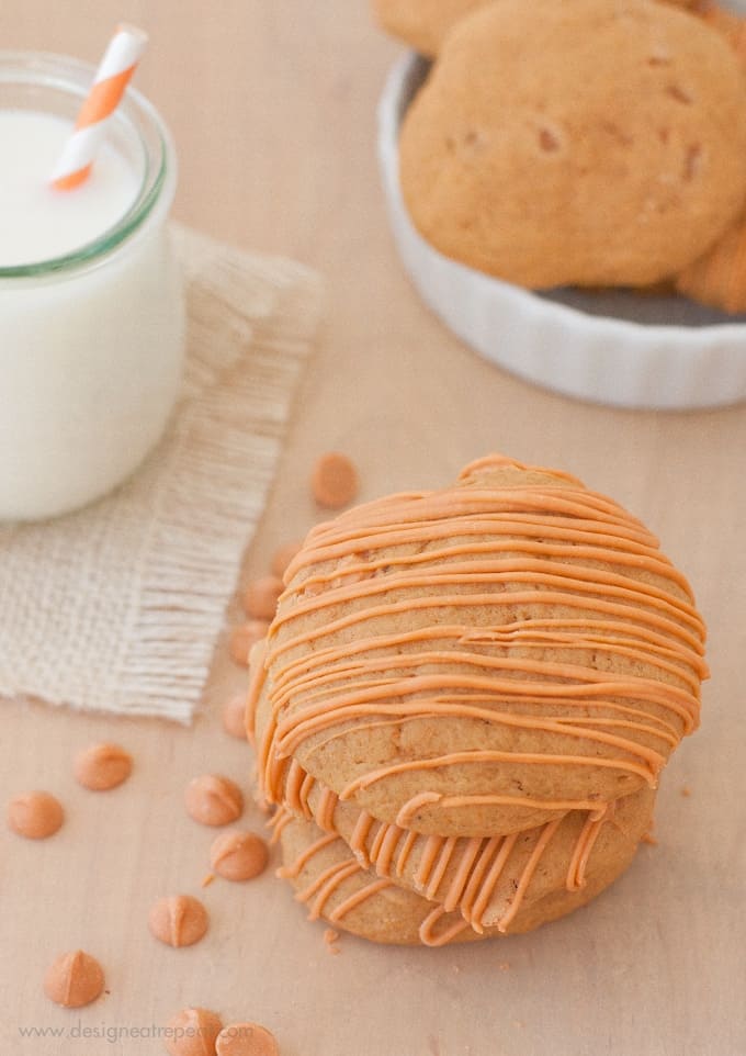 Stack of 3 Soft Butterscotch Pumpkin Spice Cookies on wooden table 