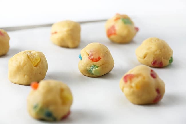 Balls of dough on cookie sheet for sour patch kids cookies