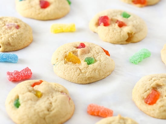Sour patch kids cookies on baking tray