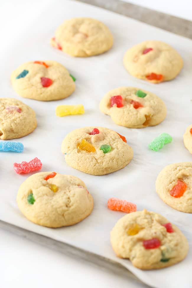 Sour patch kids cookies on baking sheet