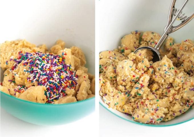 Bowl of sugar cookie dough with sprinkles and cookie scoop