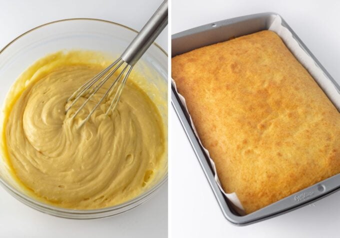 Side by side photos of zebra cake batter and the baked cake before frosting